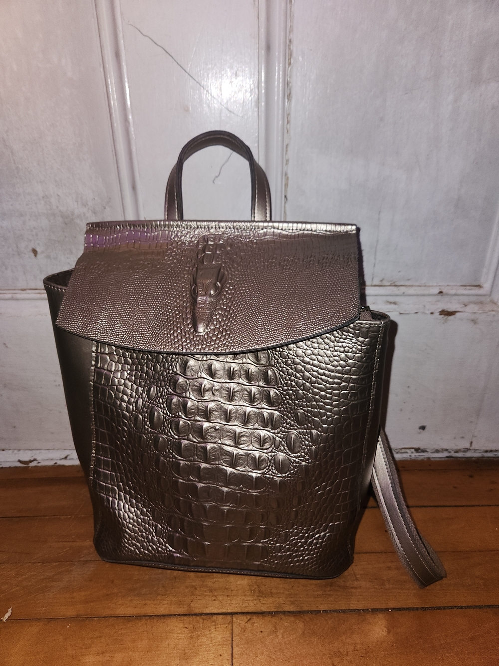 Faux Reptile Croc-Embossed Silvery Backpack By Realer Gently Used